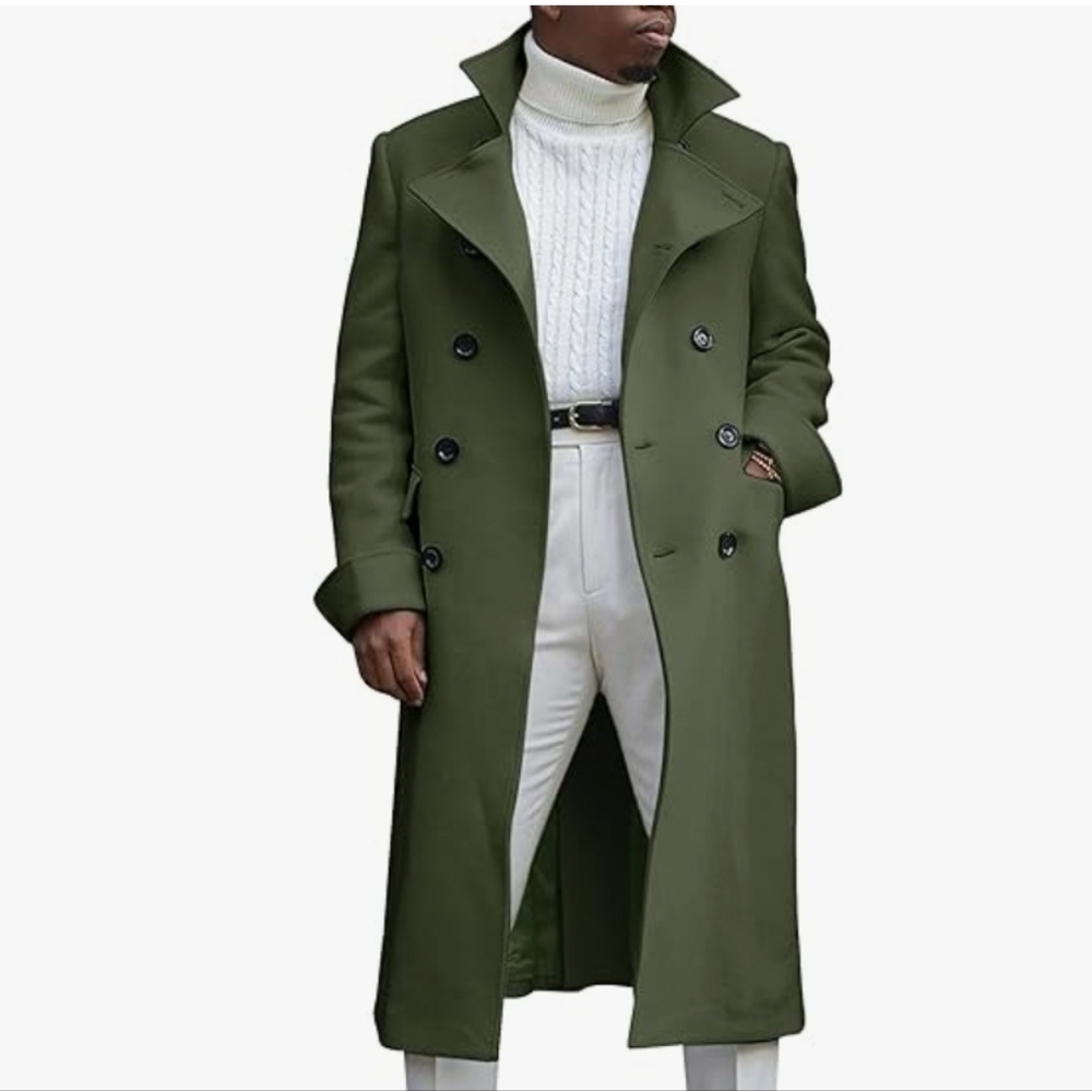 Ebifin Men's Notch Lapel Double Breasted Long Trench Coat Casual Cotton Blend Pe